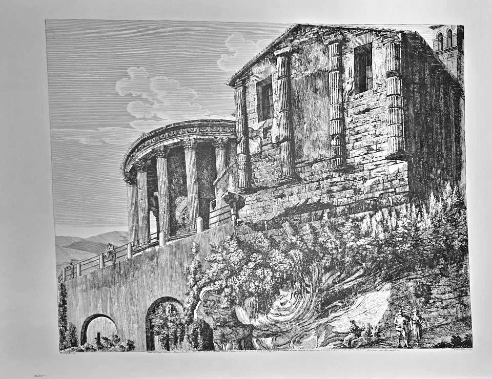 Roman temple ruins above arched substructure — after Luigi Rossini, Sidney Z. Lucas, New York