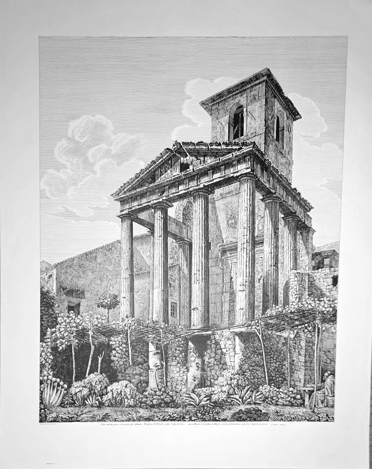 Ruined classical temple portico with tower — after Luigi Rossini, Sidney Z. Lucas, New York