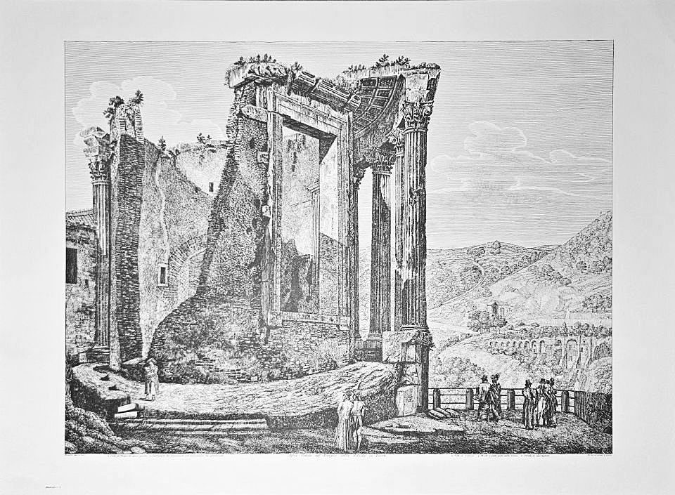 Ruined temple portico with figures — after Luigi Rossini, Sidney Z. Lucas, New York