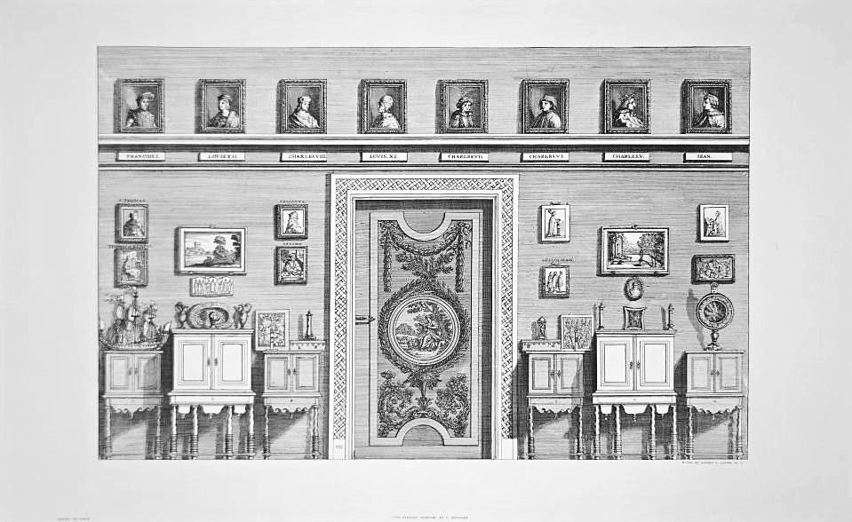Gallery wall hung with framed pictures — after Luigi Rossini, Sidney Z. Lucas, New York