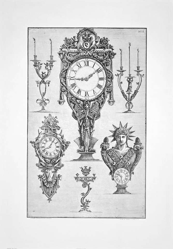 Ornamental clock and candelabra designs — after Luigi Rossini, Sidney Z. Lucas, New York