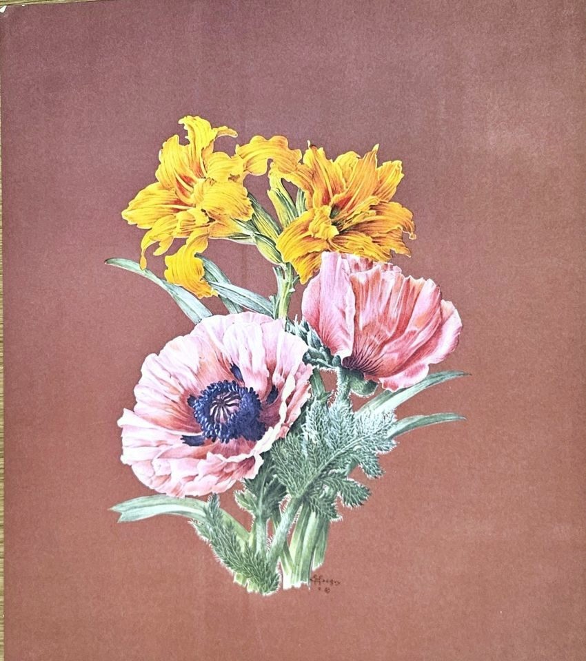 Poppies and yellow flowers on maroon ground — after E. A. Séguy, Sidney Z. Lucas, New York