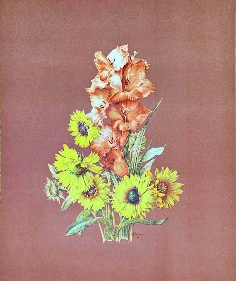 Gladiolus and sunflowers on purple ground — after E. A. Séguy, Sidney Z. Lucas, New York