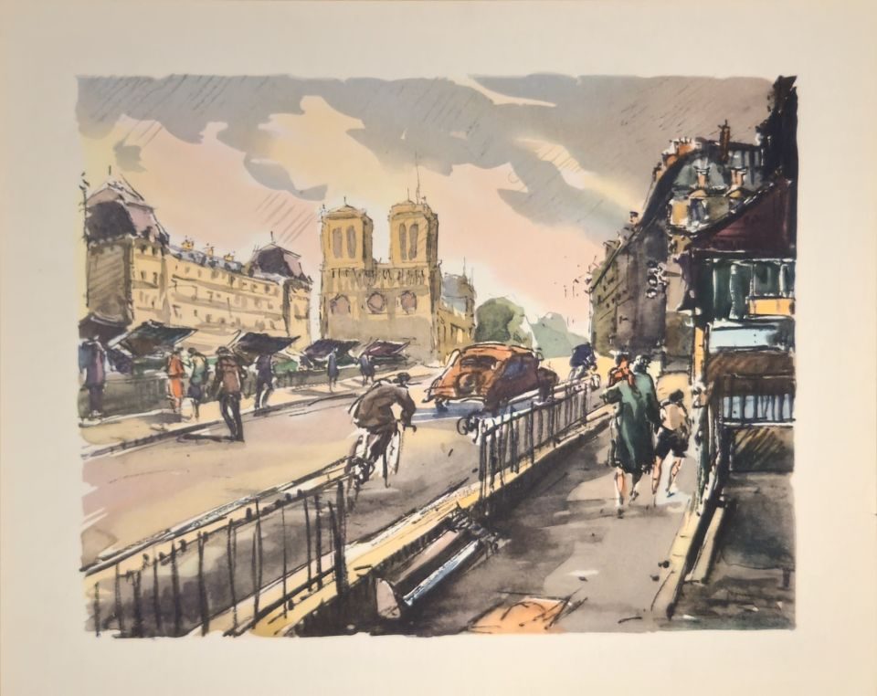 Paris quayside street with Notre-Dame — after Maurice Legendre, Sidney Z. Lucas, New York