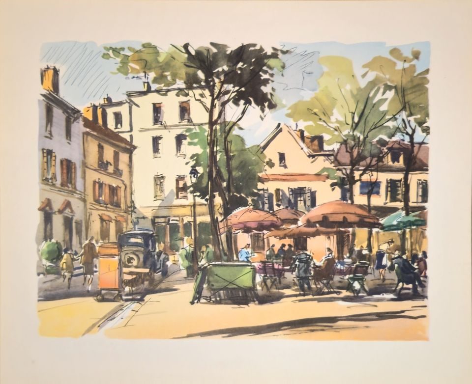 Paris street with café terrace — after Maurice Legendre, Sidney Z. Lucas, New York