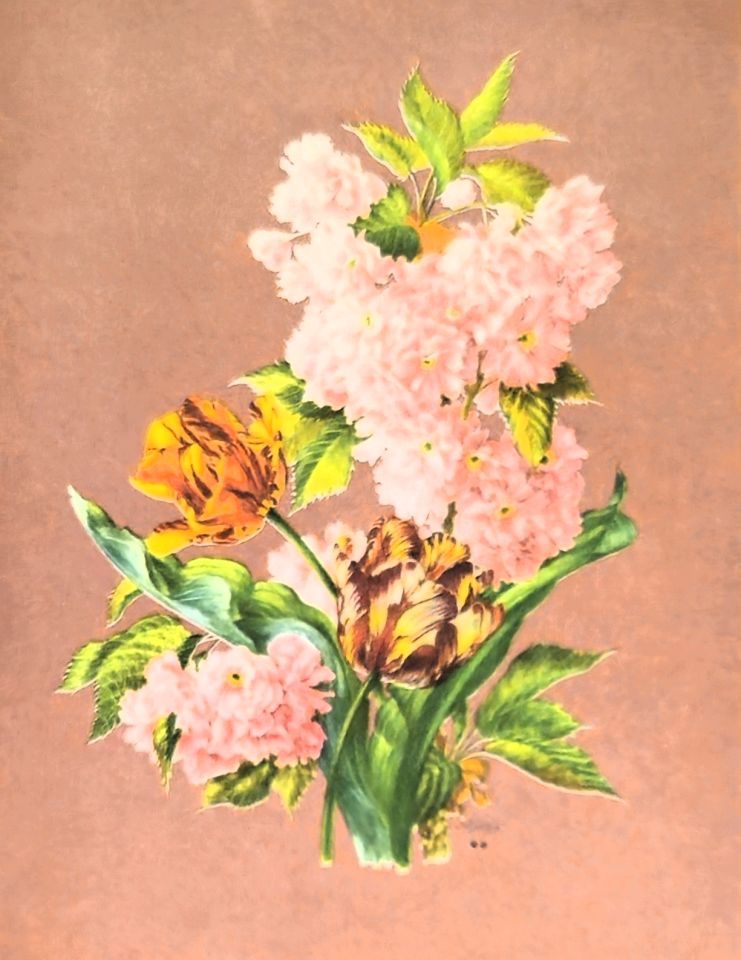 Pink blossom bouquet on peach ground — after J. L. Prévost, Sidney Z. Lucas, New York