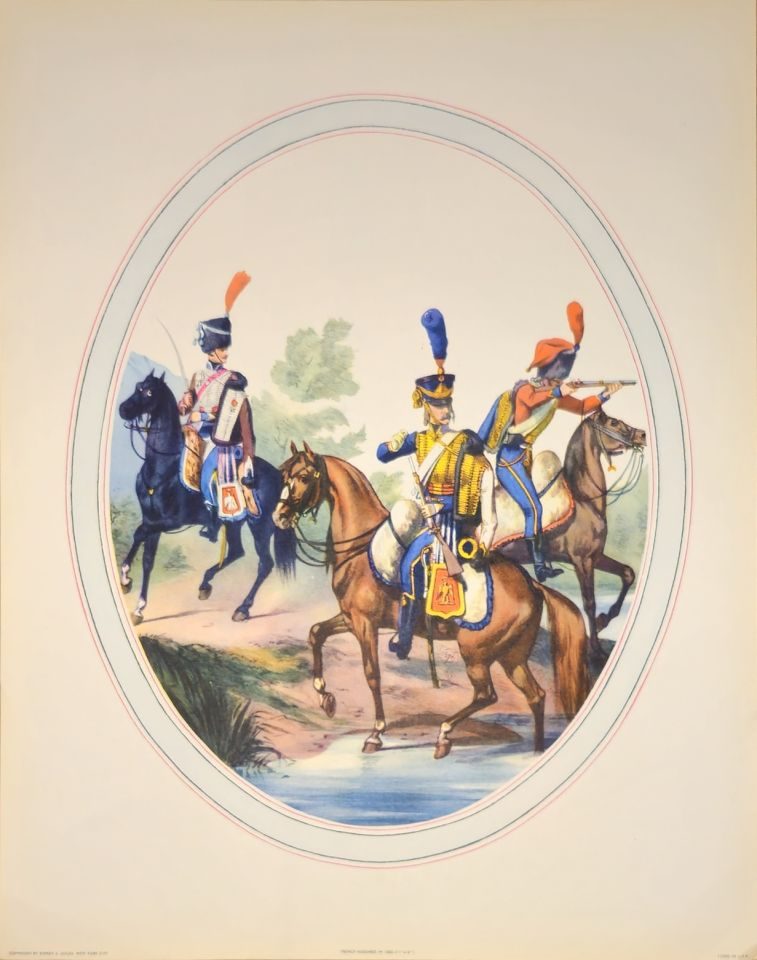 Three cavalrymen on horseback fording stream — unattributed, Sidney Z. Lucas, New York