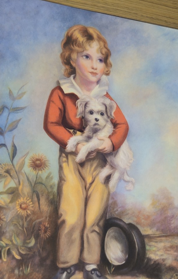 Girl in red holding a white dog — unattributed, Sidney Z. Lucas, New York