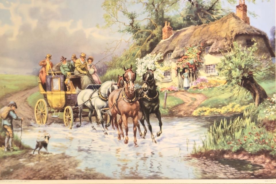 Stagecoach fording stream by thatched cottage — unattributed, Sidney Z. Lucas, New York