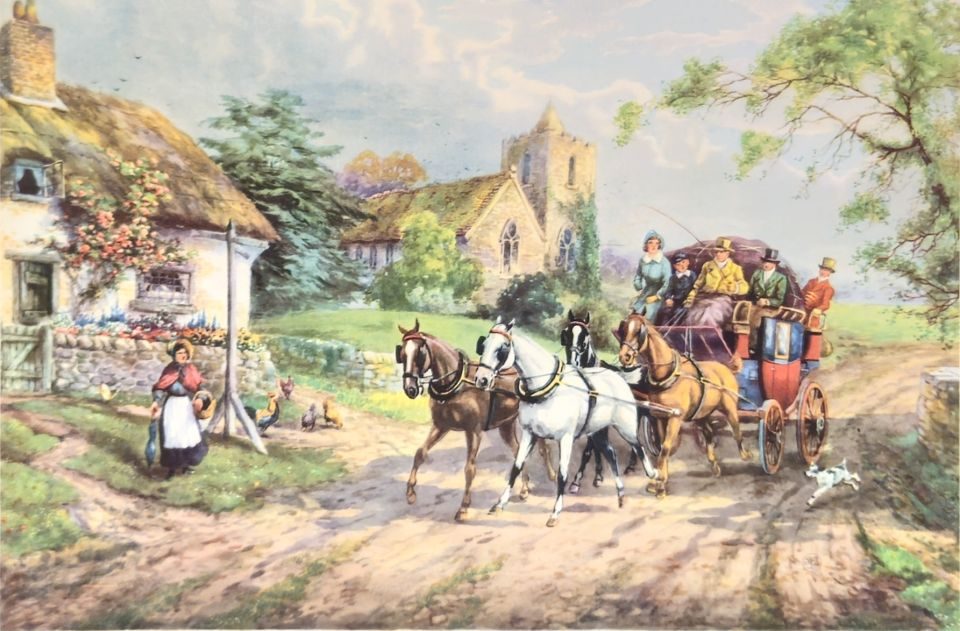 Stagecoach and four horses passing cottage — unattributed, Sidney Z. Lucas, New York