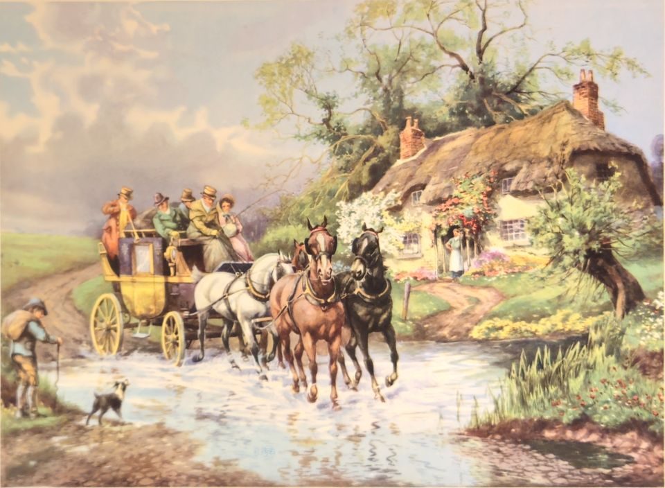 Stagecoach fording stream by thatched cottage — unattributed, Sidney Z. Lucas, New York