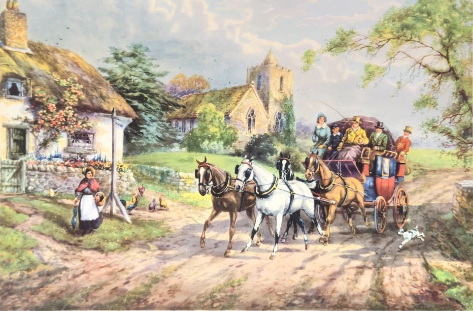 Stagecoach passing cottage and village church — unattributed, Sidney Z. Lucas, New York