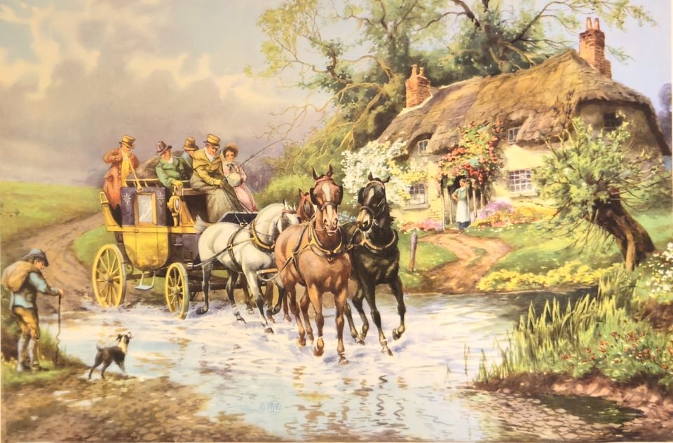 Coach fording stream by cottage — unattributed, Sidney Z. Lucas, New York