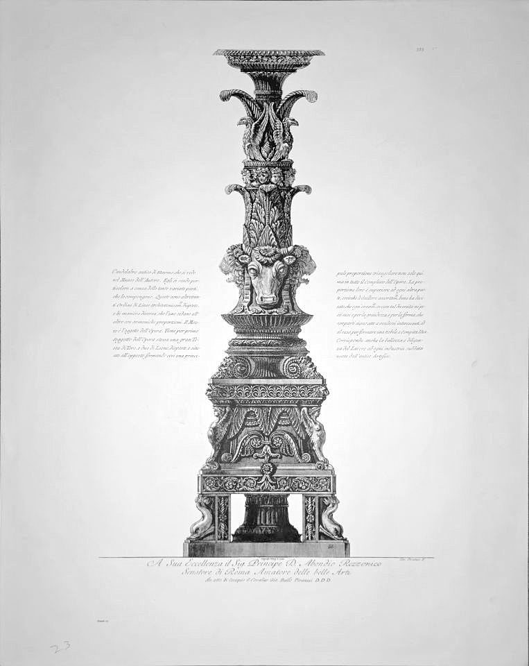 Ornate classical candelabrum with dedication — after Giovanni Battista Piranesi, Sidney Z. Lucas, New York